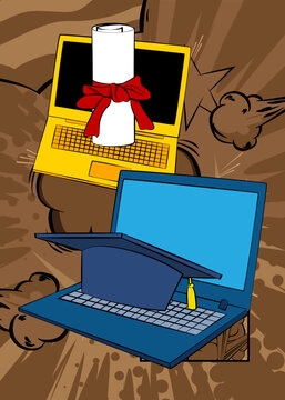 Cartoon Laptop, comic book Notebook with Graduation Cap and Rolled Up Diploma. Retro vector comics pop art design.
