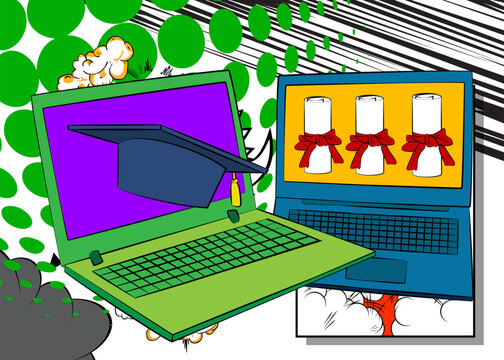 Cartoon Laptop, comic book Notebook with Graduation Cap and Rolled Up Diploma. Retro vector comics pop art design.