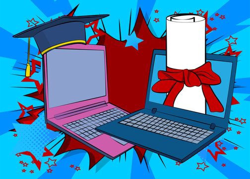 Cartoon Laptop, comic book Notebook with Graduation Cap and Rolled Up Diploma. Retro vector comics pop art design.