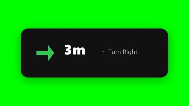 Navigation Application User Interface Showing Turn Right Instruction and Distance on Green Screen