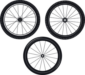 Fototapeta premium Bicycle Wheel Collection, Black Tire and Spoke Vector Illustration Set for Cycling Transportation Sports and Repair Design
