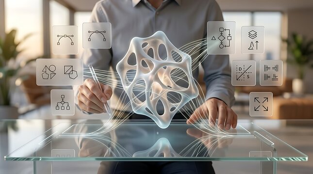 Futuristic 3D design interface, digital architect modeling organic structure, virtual reality workspace with holographic icons