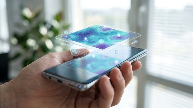 Augmented Reality Smartphone Interface Showing Holographic Data Map Over Handheld Mobile Device
