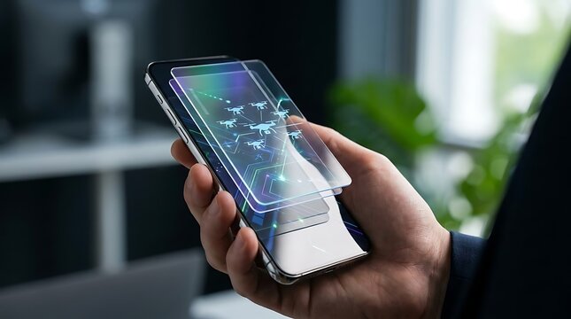 Drone Fleet Management App Interface on Smartphone Screen with Futuristic Hologram Overlay