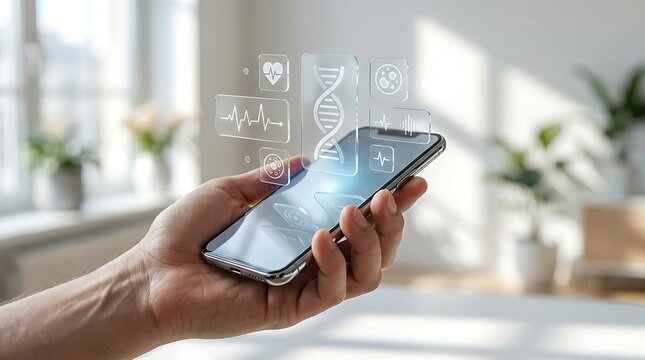 Digital Health App on Smartphone with DNA and Medical Icons Interface in Hand