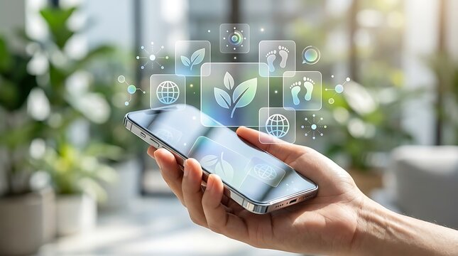 Environmental Sustainability App on Smartphone with Digital Green Energy and Ecology Icons