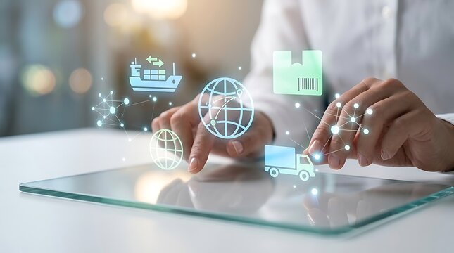 Global logistics management with digital interface, supply chain technology for international shipping, smart freight tracking on glass tablet