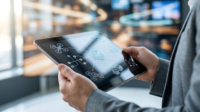 Digital Tablet Interface Showing Drone Control Software Held By Businessman In Modern Office