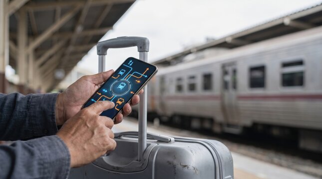 AI Travel Planning Mobile App concept. Elderly traveler using smartphone at train station with suitcase and moving train.