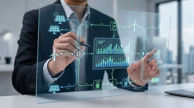 Renewable Energy Management Interface With Businessman Analyzing Solar and Wind Power Data