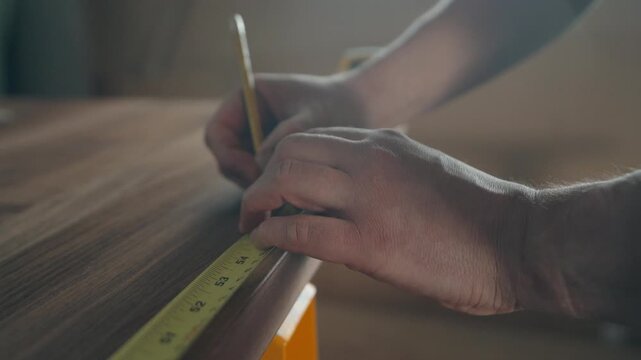 Hands pulling a tape measure along the edge of a walnut countertop to take measurements