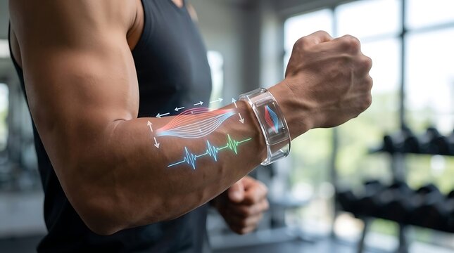 Fitness Tracker Hologram on Muscular Arm Showing Biometric Data and Heart Rate in Gym