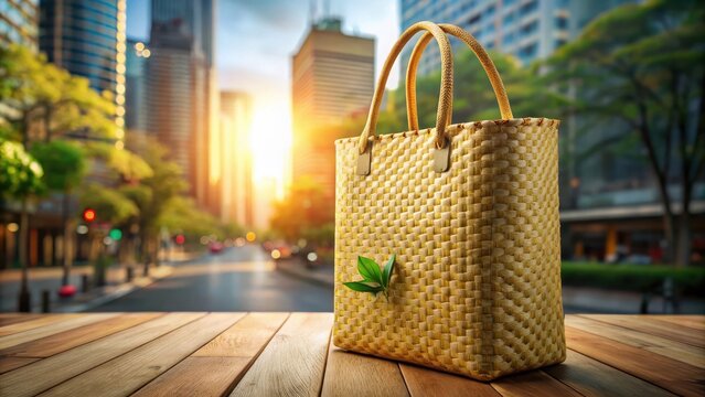 Woven Natural Bag with Leaf in Urban Setting at Sunset