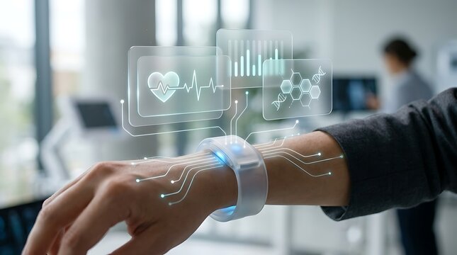 Smart Watch Health Tracker Displaying Digital Holographic Medical Data On User Wrist