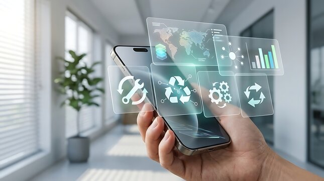 Sustainable Technology Concept With Hand Holding Smartphone And Holographic Green Energy Icons