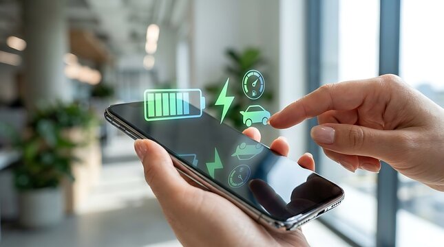 Electric Vehicle Charging App on Smartphone with Battery Status and Green Energy Icons