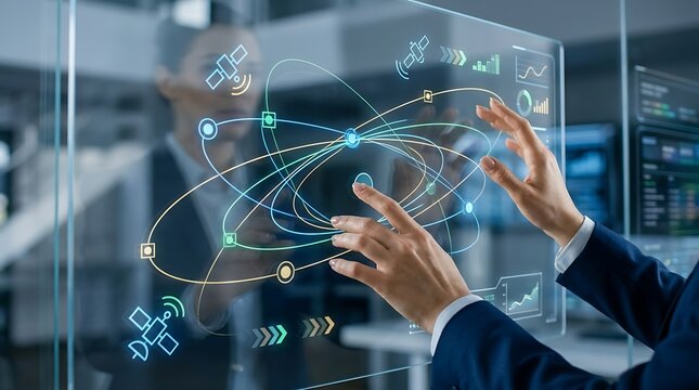 Global Satellite Network Interface with Business Professional Interacting with Digital Data HUD