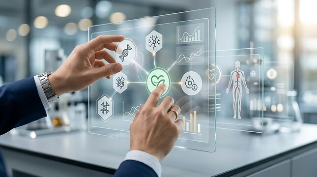 Medical Technology Interface With Scientist Hand Touching Digital Healthcare Screen In Modern Laboratory