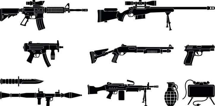 Military Tactical Weapons and Firearms Black Silhouette Collection Featuring Assault Rifle Sniper Shotgun Grenade and Rocket Launcher Vector Illustration
