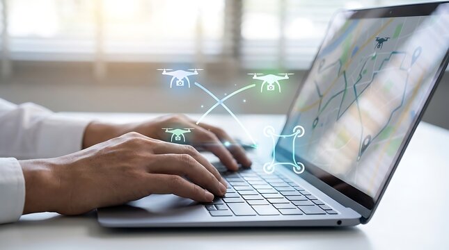 Autonomous drone fleet management on laptop, logistics operator tracking delivery drones, smart aviation technology interface