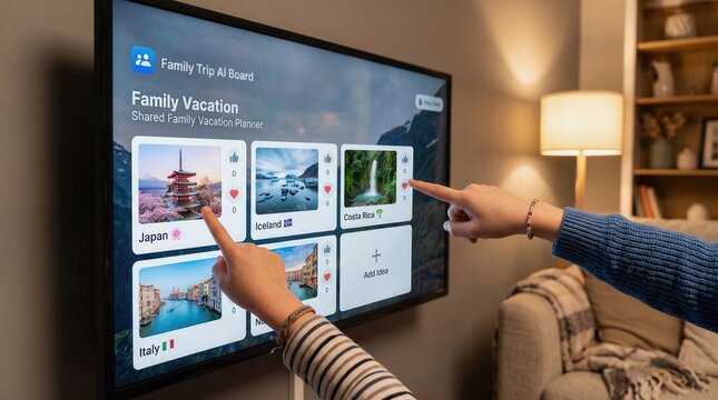 AI Travel Planning Mobile App concept. Two people interact with a smart TV displaying a family vacation planning app.