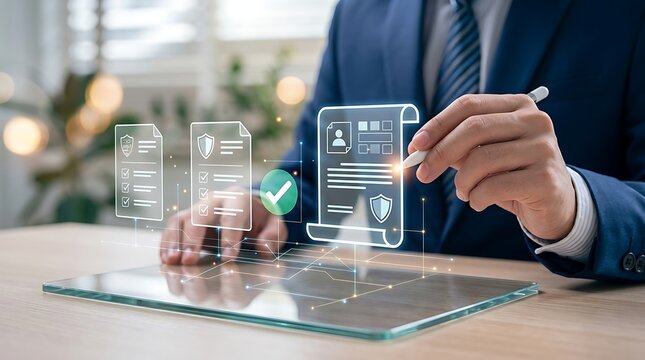 Digital Insurance Policy Management with Businessman Using Virtual Interface for Document Verification