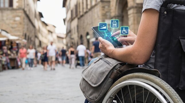AI Travel Planning Mobile App concept. Person in wheelchair using smartphone with digital accessibility icons on busy street