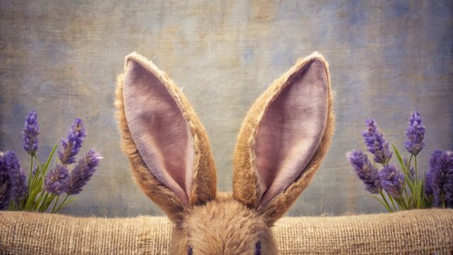 Cute Bunny Ears with Lavender Flowers on a Textured Background