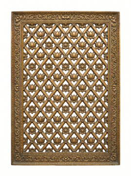 Diamond lattice jaali panel with repeating geometric openings and antique brass temple ornamentation