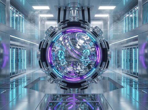 A liquid metal neural core sphere floats inside a futuristic high tech quantum server facility surrounded by vivid blue and purple glowing accent lights.