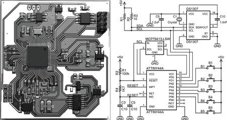 Vector Illustration of Printed Circuit Board PCB Layout Design alongside Electrical Schematic Diagram and Microcontroller Circuit Elements © Mdsurjo