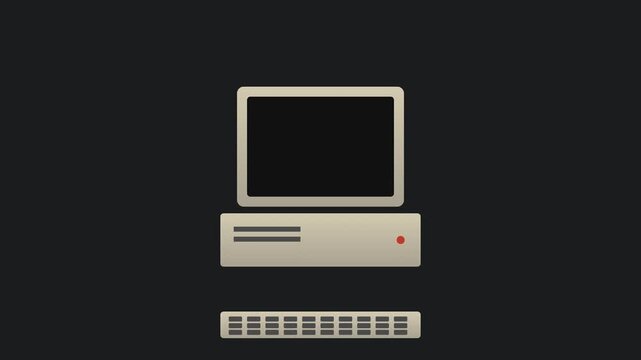 Flat Design Animation of a Vintage Retro Personal Computer Setup Turning On Against Dark Background