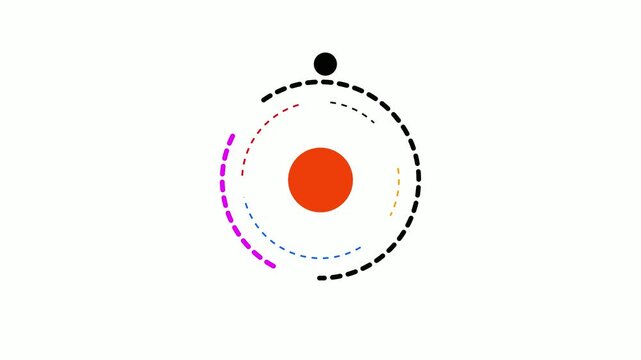 Abstract representation of atomic structure with a central orange circle and orbiting dashed arcs in black blue yellow red and purple on a light grey background.
