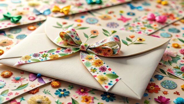 Colorful Floral Envelope with Decorative Ribbon on Craft Background