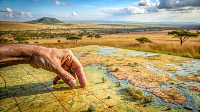 Hand Placing Piece on 3D Map of African Landscape and Terrain