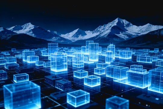 A futuristic digital city made of glowing holographic blocks, set against a backdrop of snow-capped mountains at night.