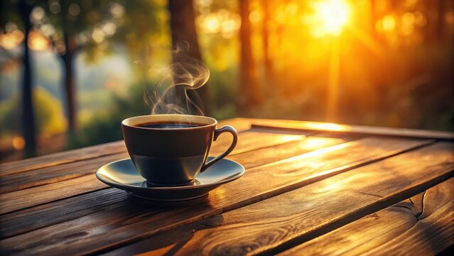 Warm Coffee Cup on Table with Beautiful Sunrise in Forest Background