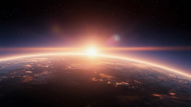 Stunning sunrise over a distant planet horizon with breathtaking cosmic landscape and vibrant sky colors