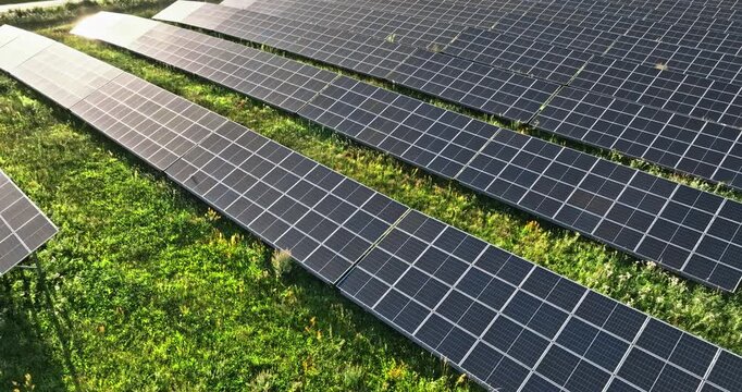 Sunbeams shining on blue solar panels in green field, aerial.