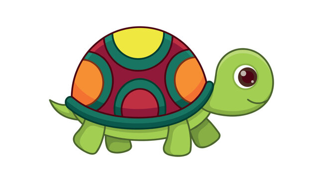Cute cartoon green turtle vector illustration with colorful patterned shell isolated on a plain white background