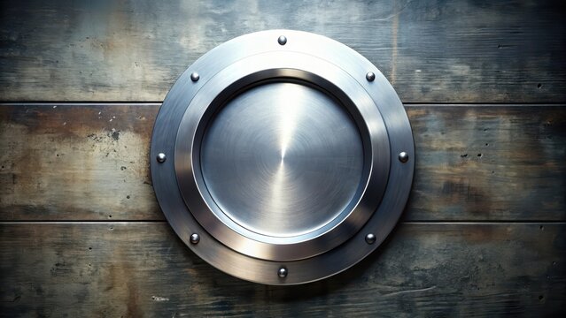 Round Metallic Surface with Rivets on Weathered Wooden Background