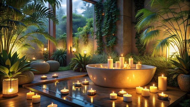 Serene Spa Area With Candles and Tropical Plants at Dusk