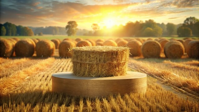 Golden Sunrise Over Wheat Field with Straw Bales in the Distance