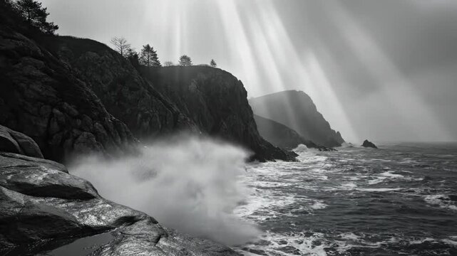 Dramatic black and white seascape of rugged cliffs, ocean waves crashing, and sun rays through the overcast sky