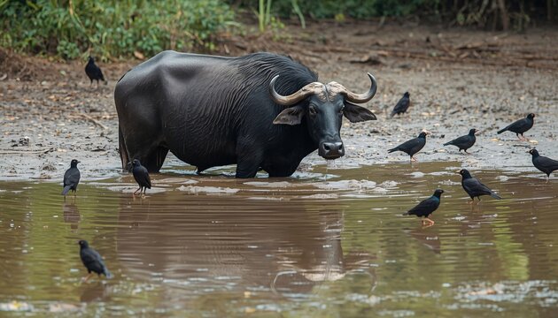 Water Buffalo and Myna Birds Sharing a Tropical Mud Pool Ecosystem