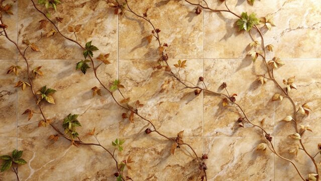 Ivy Vines on Marble Texture Background Wall in Earthy Tones