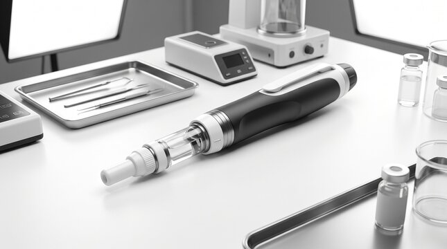 Abnehmspritze Get slim and become attractive and beautiful with a weight-loss injection. Close-up of a modern injection pen on a sterile medical tray.