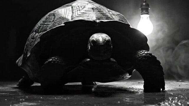 Black and white close up of a tortoise slowly moving toward a lit lightbulb creating a dramatic atmosphere