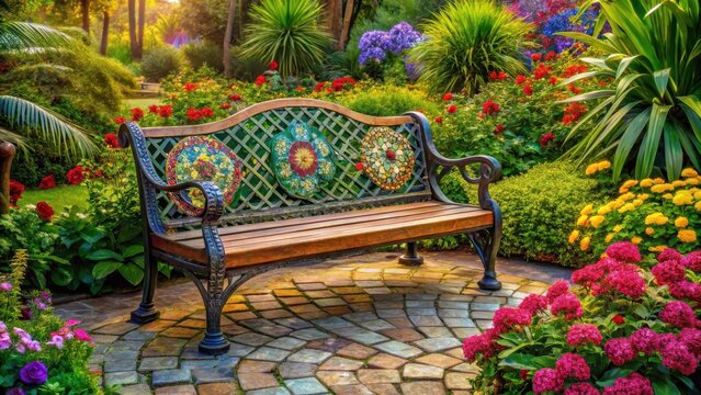 Decorative Garden Bench Surrounded by Colorful Flowers and Plants