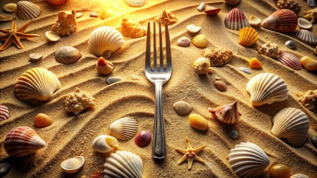 Fork Surrounded by Seashells on Sandy Beach Shore at Sunset
